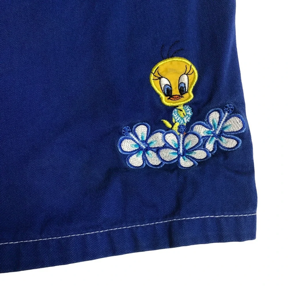 Vintage Y2K Looney Tunes Tweety Bird Bermuda Shorts Girls XL Blue Embroidered